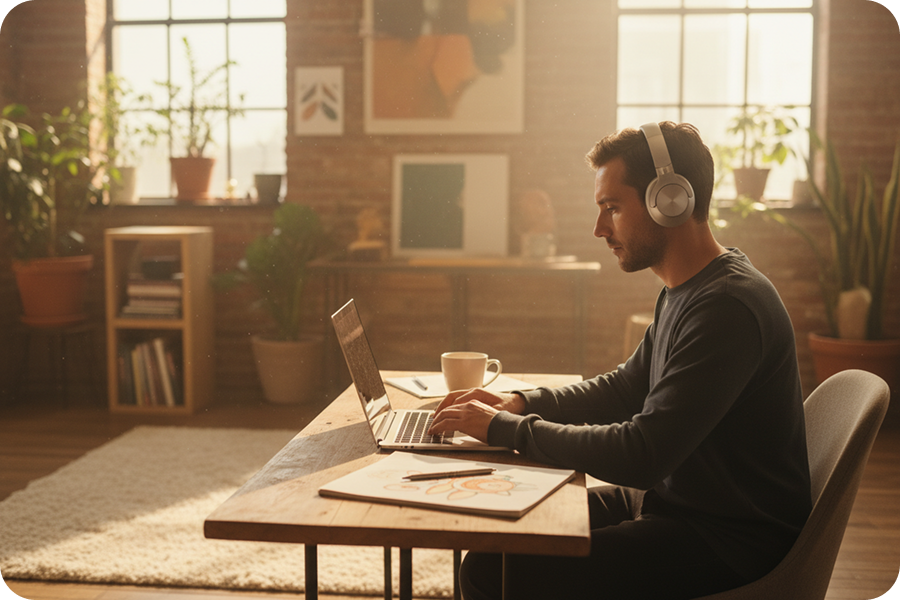 A creative professional typing prompts into an AI Trance Music Generator on a laptop in a sunlit loft studio to convert text descriptions into audio tracks.