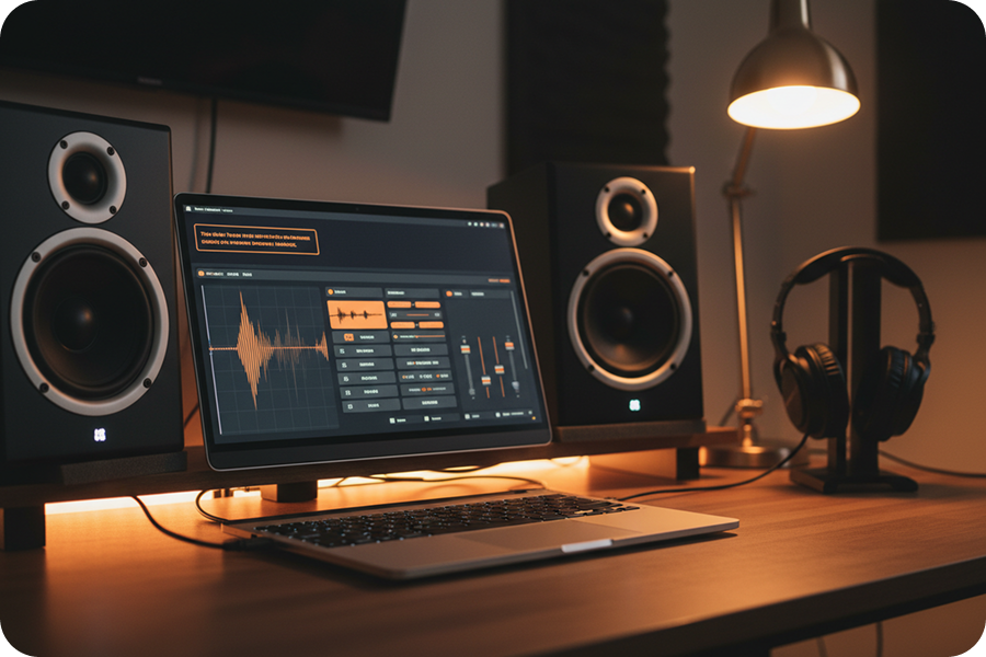 A professional home studio setup with studio monitors and a laptop displaying a Trance Music Generator interface for customizing instruments and vocal gender.