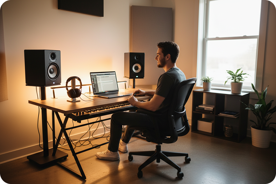 A happy content creator in a clean home studio using a Trance Music Generator as a budget-friendly alternative to expensive music production.