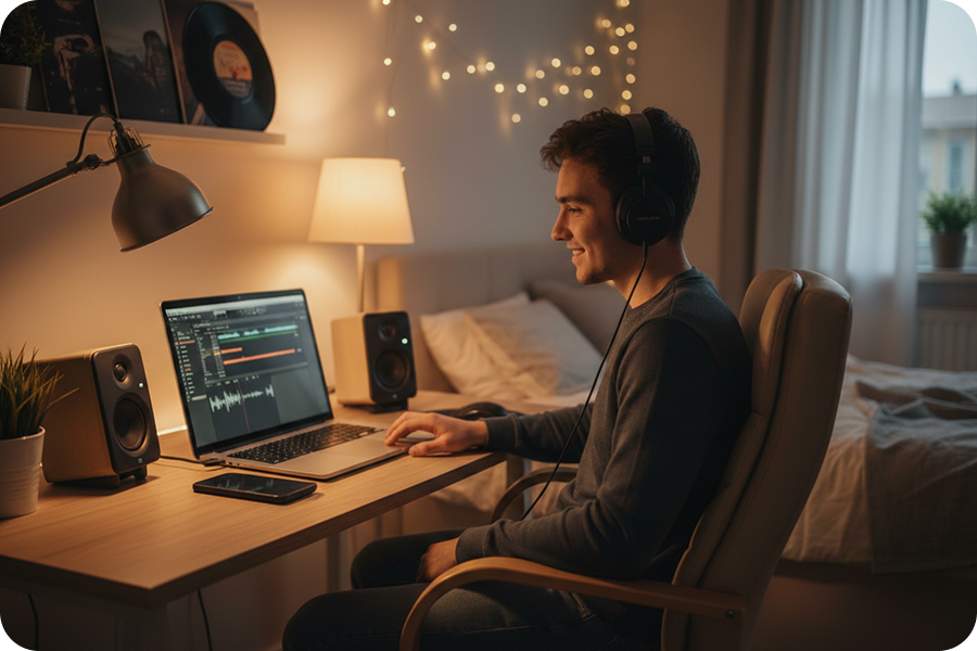 A beginner music enthusiast smiling while using a Trance Music Generator in a cozy bedroom setup to create professional tracks without needing music theory.