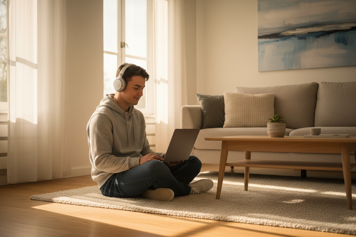 Music hobbyist sitting on a rug at home using a laptop and headphones to explore the Garage Music Generator interface.