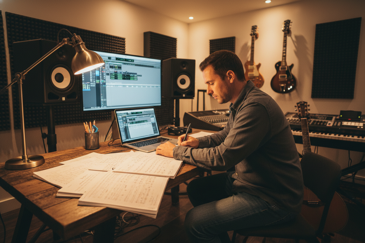 Songwriter drafting lyrics at a wooden desk using the Garage Music Generator to create professional vocal demos.