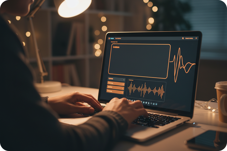 A man inputs text into the garage music generator, converting text prompts into structured digital audio waveforms.