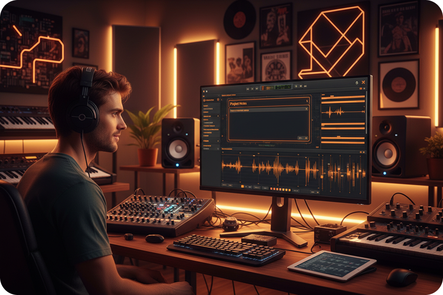 Music producer wearing headphones customizing instrument settings and moods on the garage music generator dashboard.