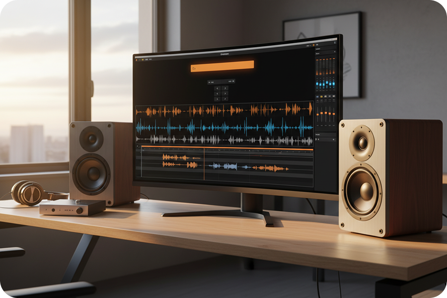 High-fidelity audio waveforms displayed on a monitor with studio speakers, showcasing the professional quality of the garage music generator.