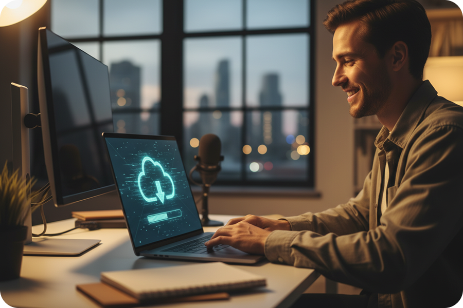 Happy user downloading a completed track instantly from the cloud-based online garage music generator interface.