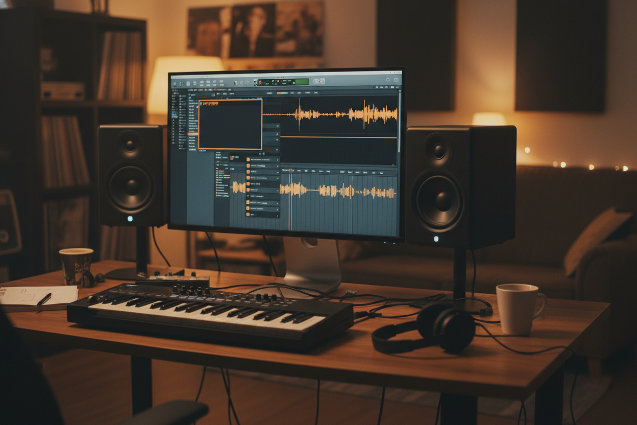 Music producers using a techno music generator to create track foundations with midi keyboard and studio monitors.