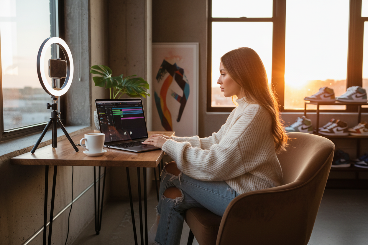 Social media influencer usingtechno music generator to generate viral-ready audio.