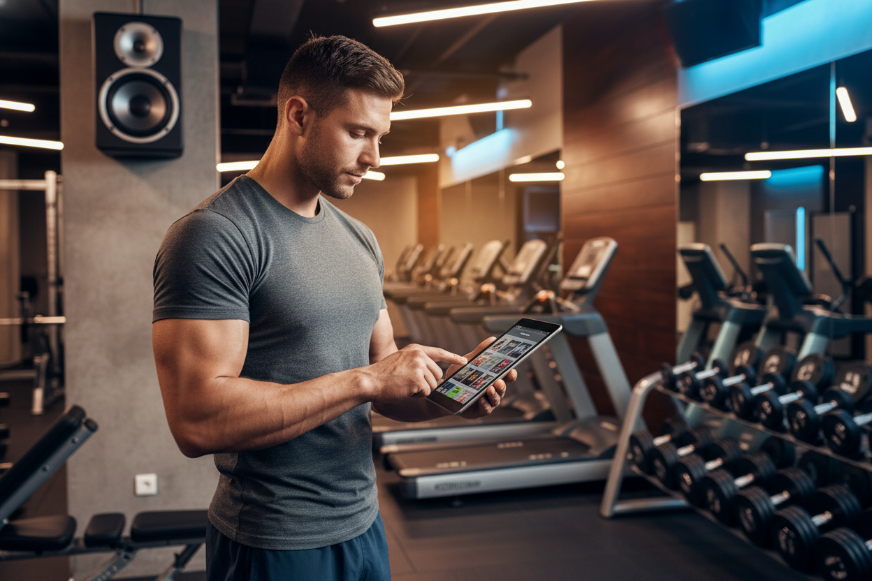 Fitness trainer using a mobile house music maker on a tablet to select high-energy workout beats in a modern gym.