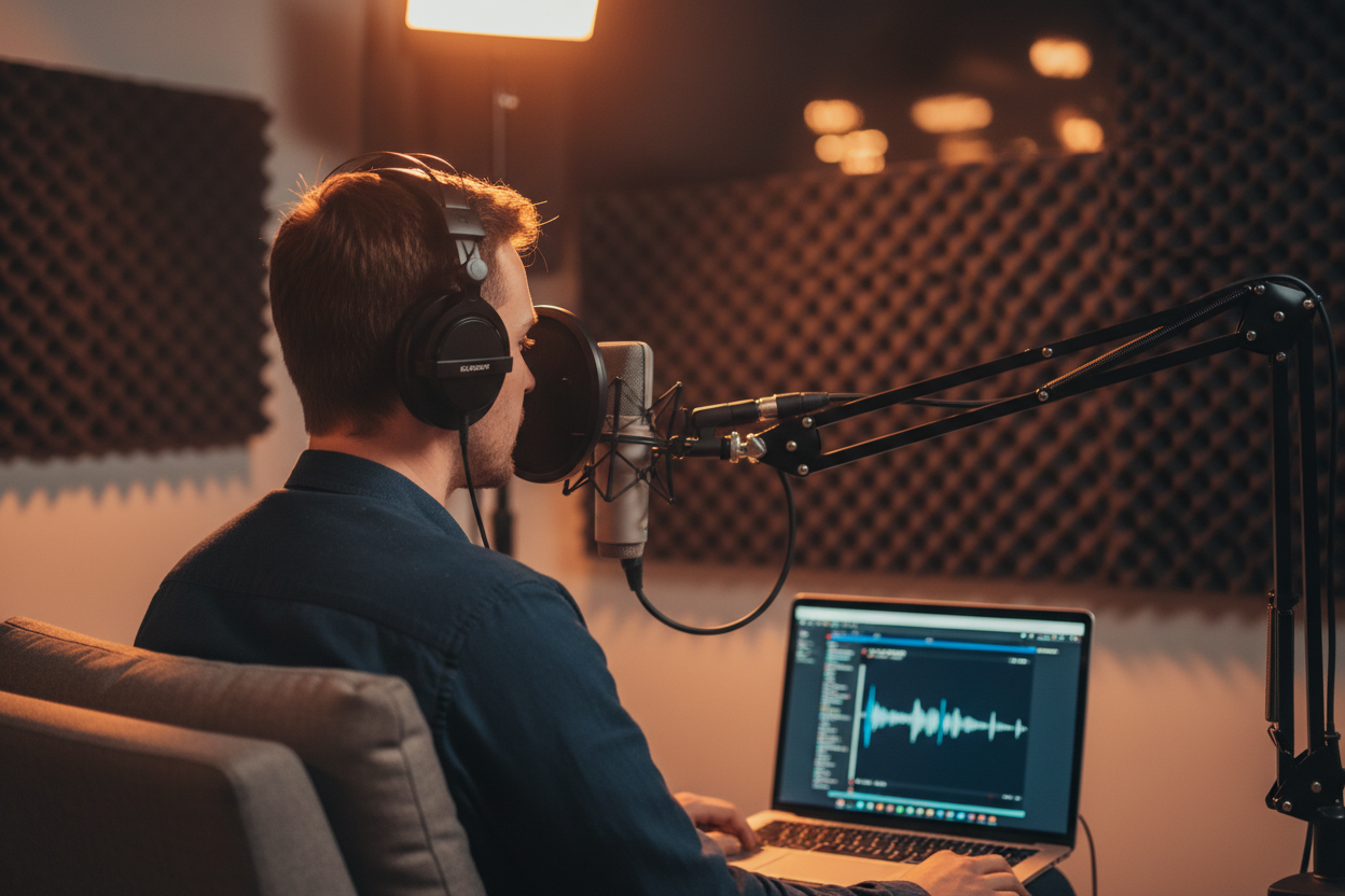 Podcast host in a recording studio using a house music maker tool to design custom intros and jingles for a show.