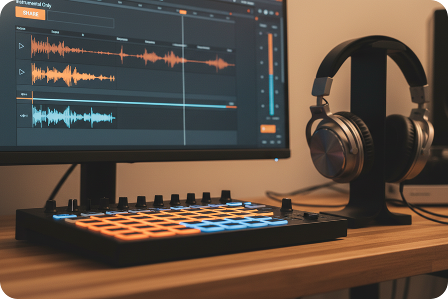 The laptop screen displays an accompaniment created using house music maker.