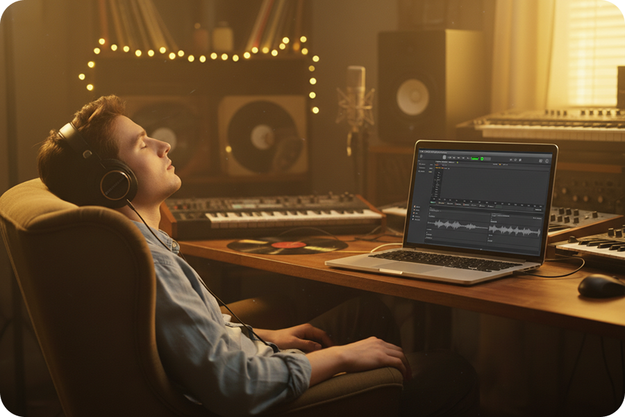 A music creator wearing headphones in a warm-lit studio, exploring different sound moods and vibes on a house music maker.
