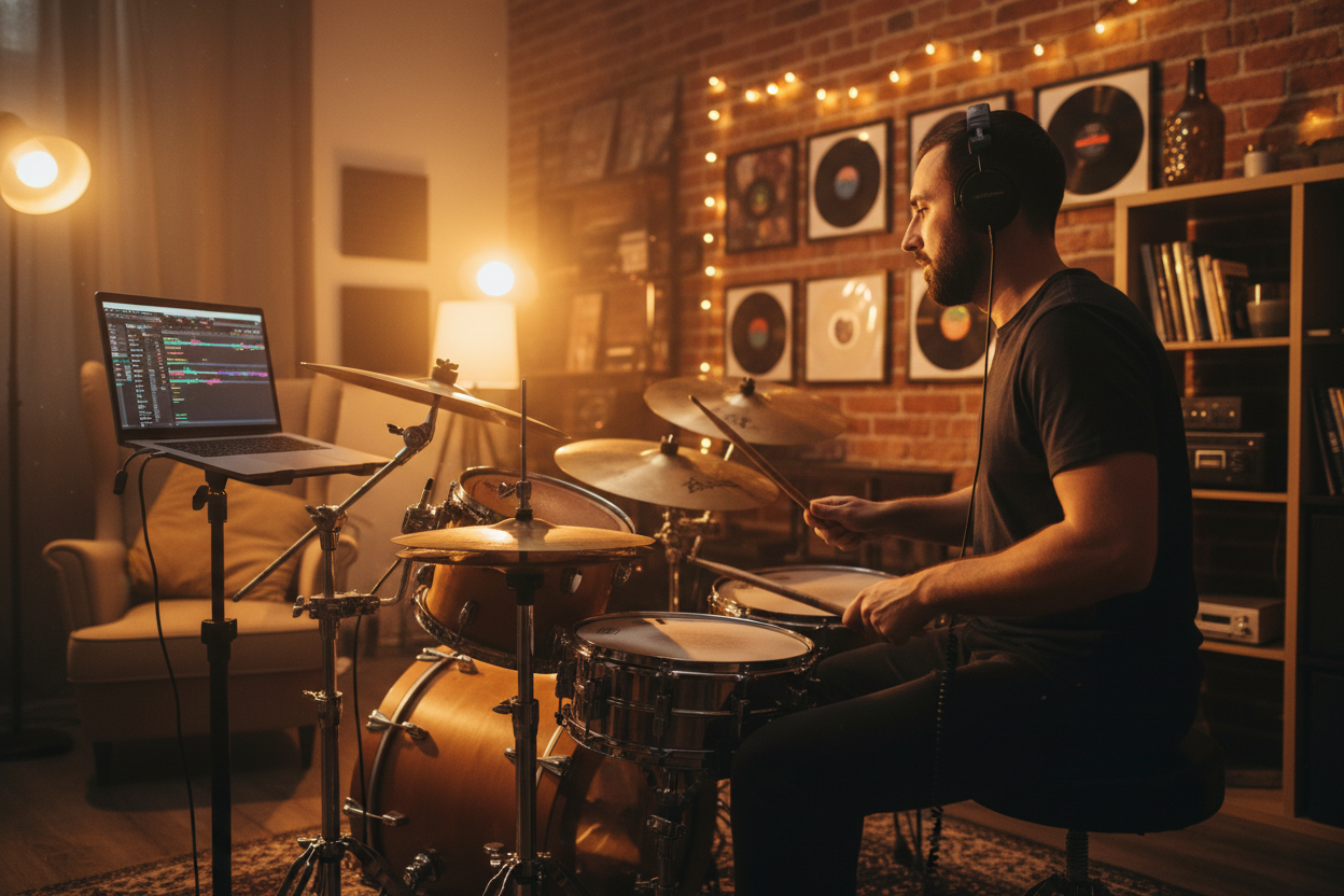 Musician practicing on an acoustic kit along to a drumless backing track created using an AI drum remover