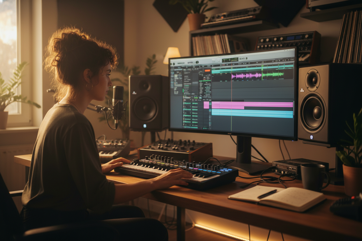 Music producer analyzing waveform quality in a DAW after extracting percussion stems with professional drum remover