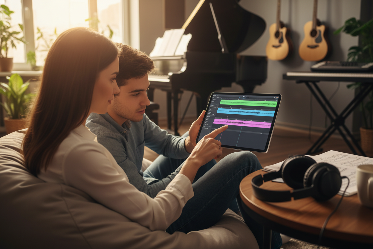 Teachers and students use a drum remover on tablets to view the beat structure of a song