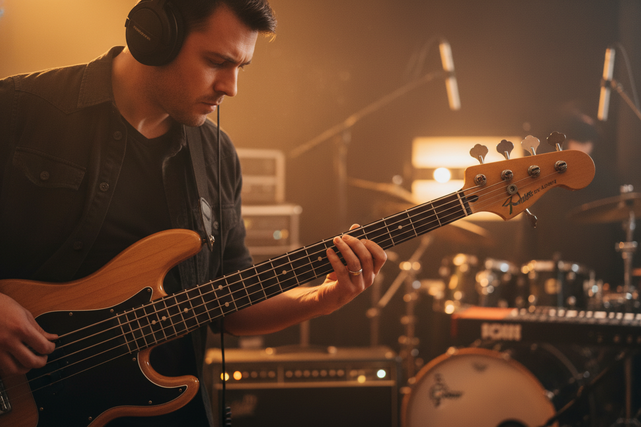 Bass player recording a new groove over a song mix processed by a high-fidelity drum remover tool