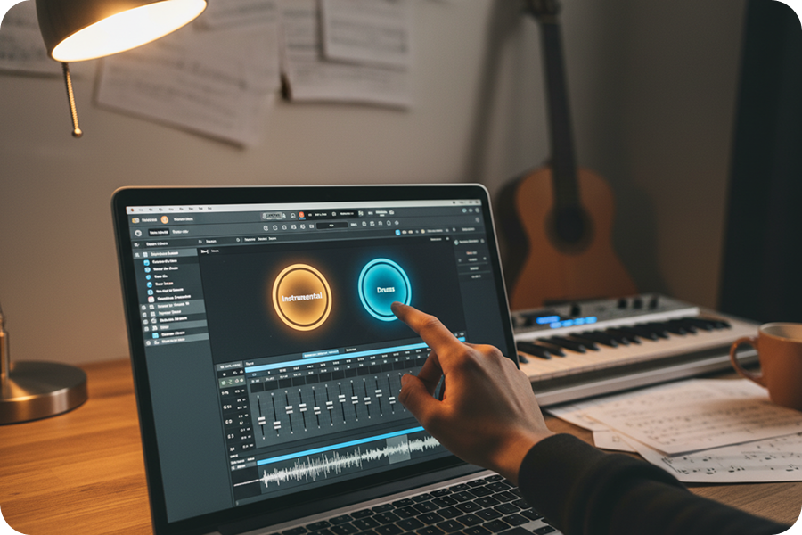 Flexible selection of audio tracks is available in the drum remover tool interface.