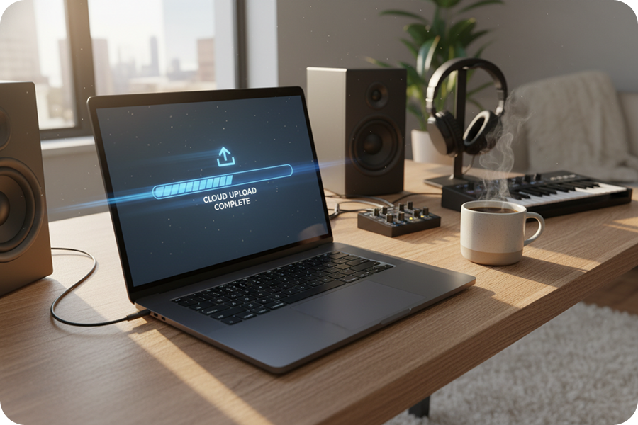Laptop showing cloud upload complete for drum remover processing.