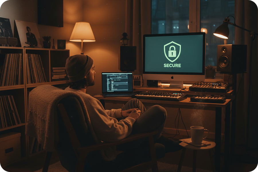 User in studio looking at screen after using drum remover. Safe audio processing.