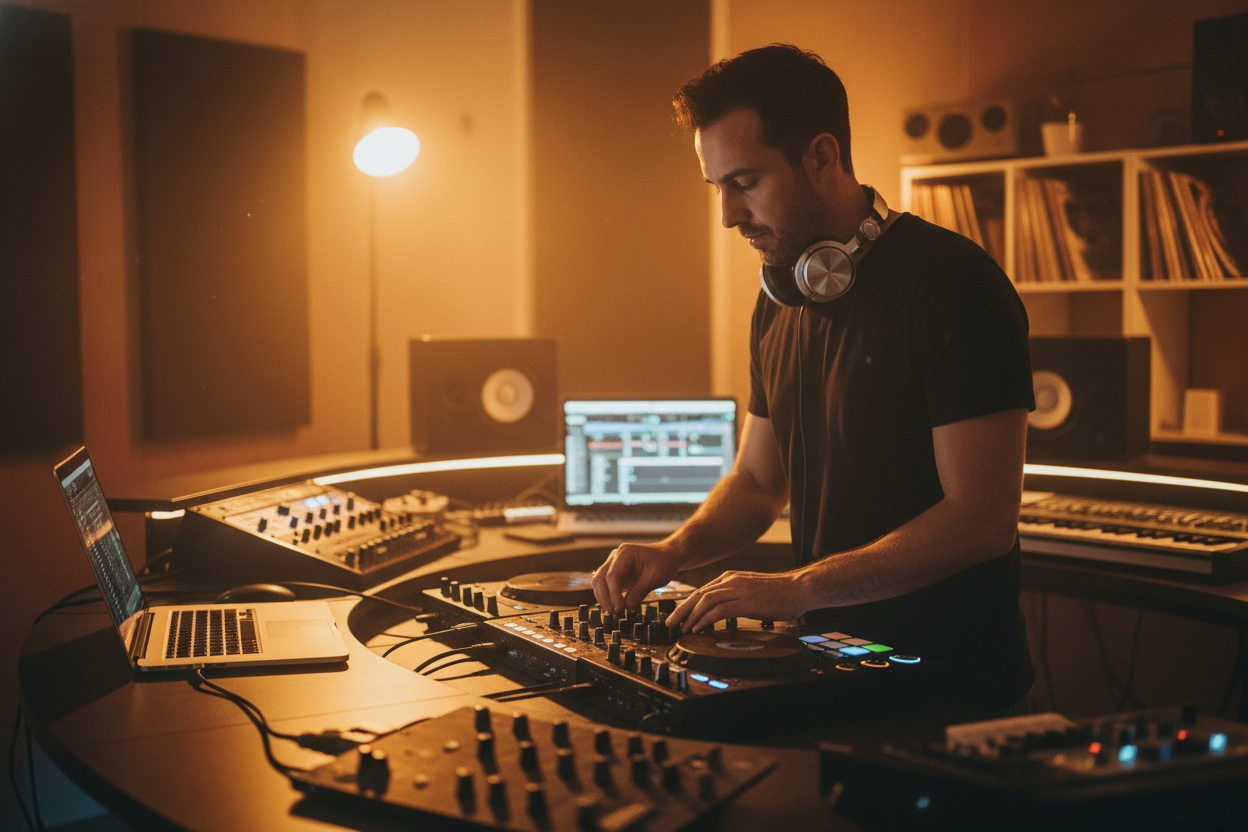A professional DJ using a pitch identifier on a laptop in a warm studio to achieve perfect harmonic mixing and seamless track transitions.