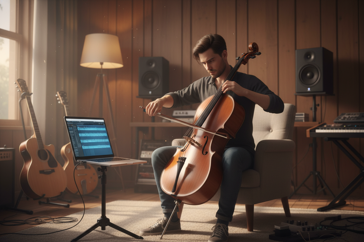 A focused musician playing cello in a professional music studio, using an AI pitch identifier to assist with ear training and fast song transcription.