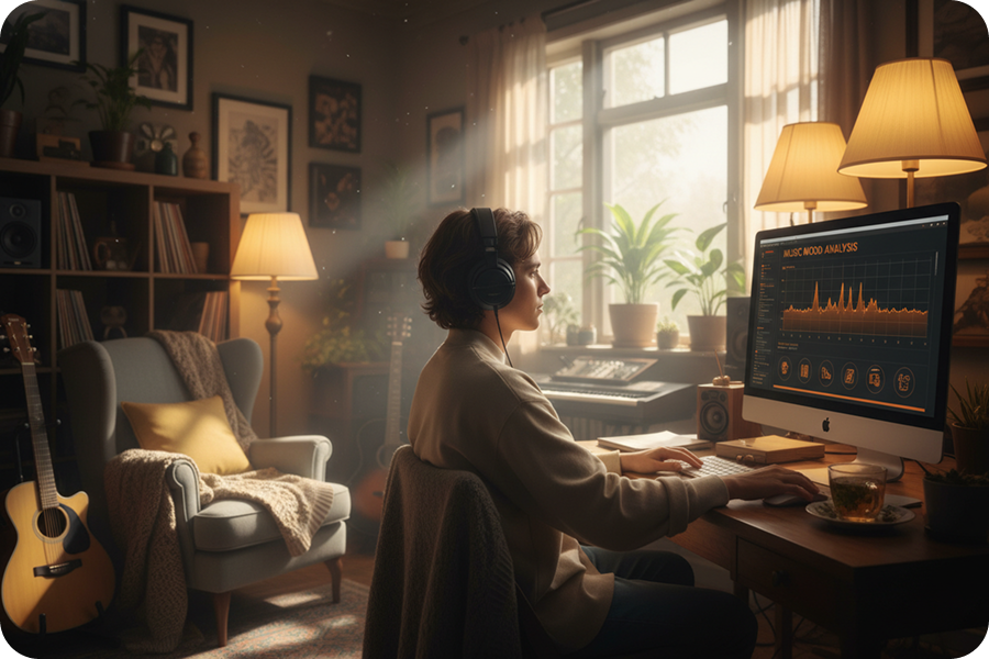 A professional music producer utilizing a high-performance pitch identifier to process a full-length song for precise harmonic arrangement in a bright studio.