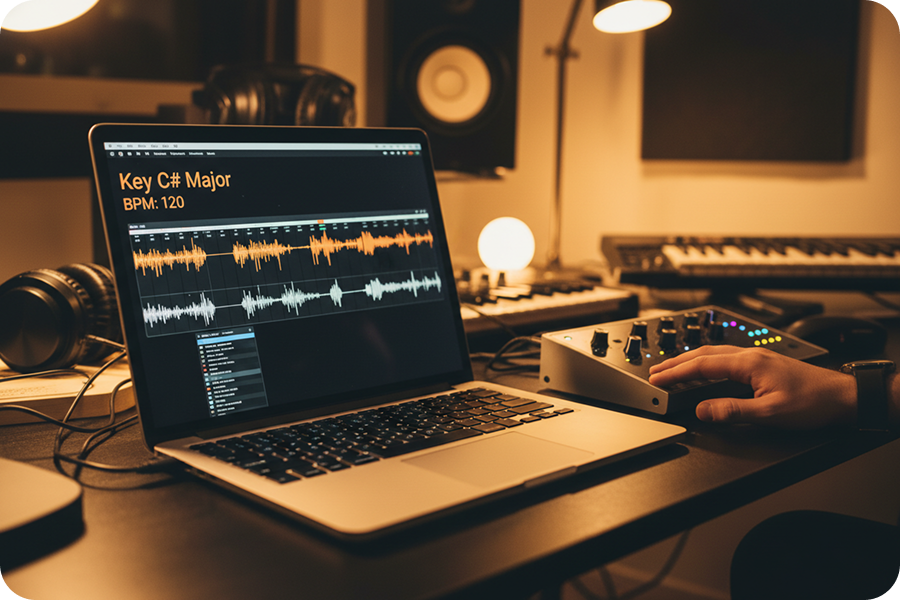 A studio laptop screen running a pitch identifier to instantly detect "Key C# Major" and "BPM 120" with a visible audio waveform.