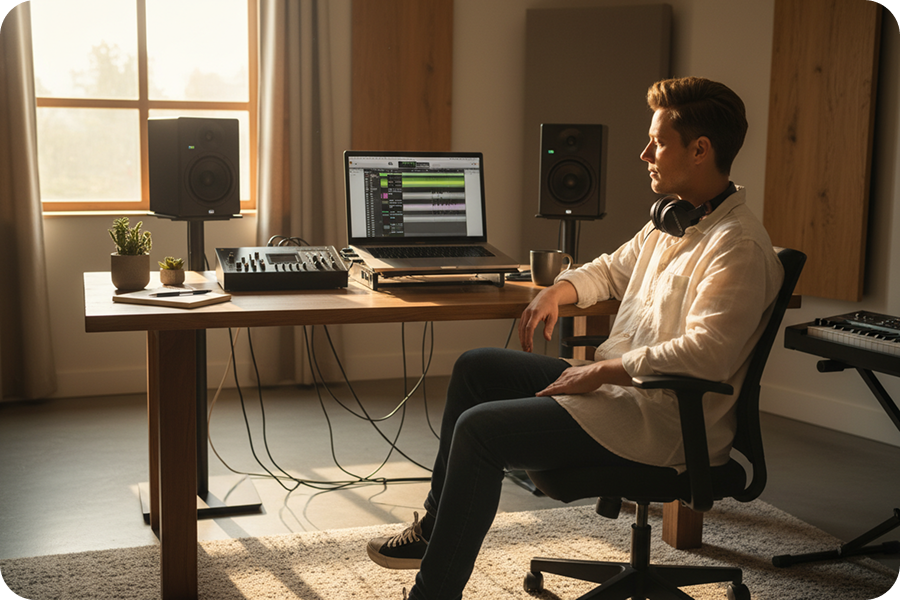A music creator using an AI pitch identifier to analyze the "Happiness" and energy score of a track in a sunlit home studio setup.
