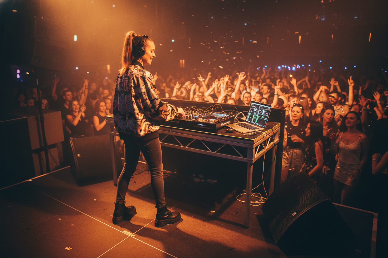 Weiblicher DJ führt Live Remix im Club auf und nutzt MP3 Splitter zur Isolation von Vocals und Instrumentals für Mashups