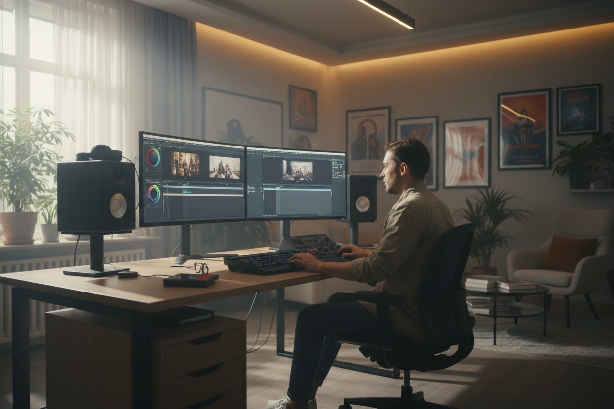 Video Editor bearbeitet Tracks auf zwei Monitoren mit MP3 Splitter für präzisen Audioschnitt und Postproduktion