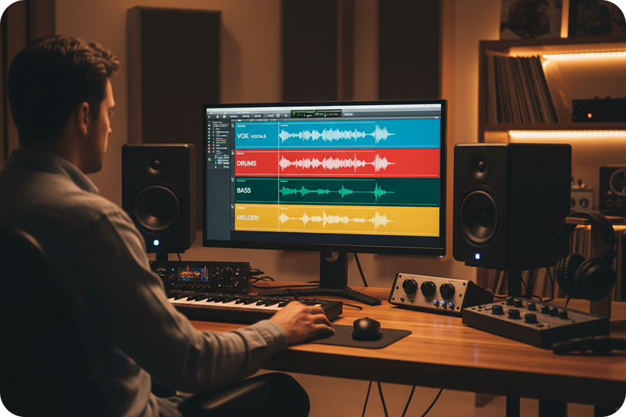 Ein Musikproduzent im Studio nutzt einen KI MP3 Splitter, um Audio in vier verschiedene Spuren zu trennen: Vocals, Drums, Bass und Melodie.