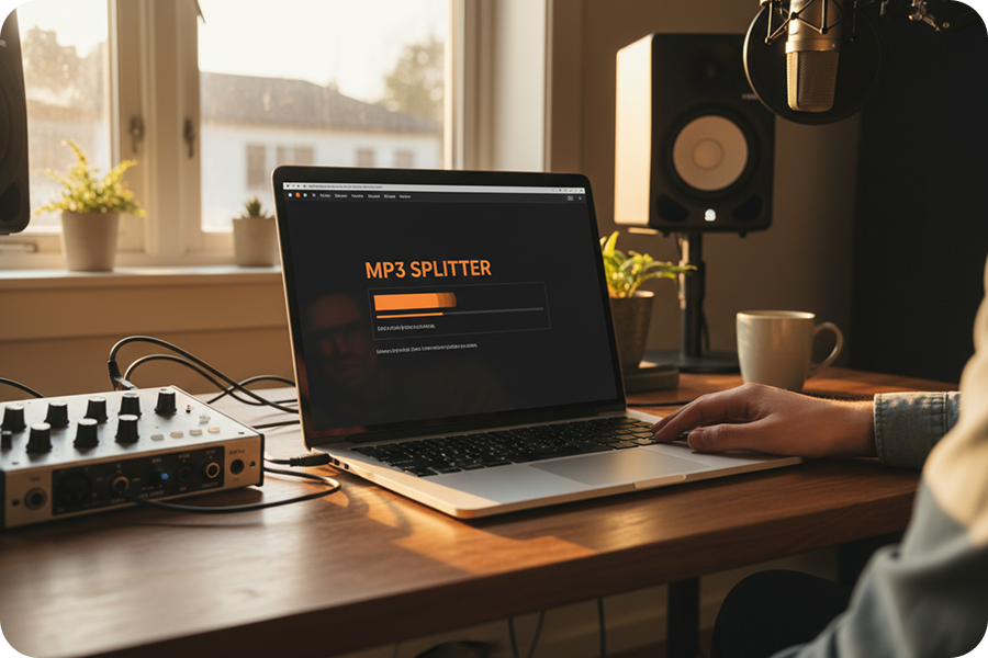 Ein Laptop Bildschirm zeigt einen schnellen KI MP3 Splitter mit Fortschrittsbalken und Echtzeit Audiodatei Verarbeitung in einem Heimstudio.