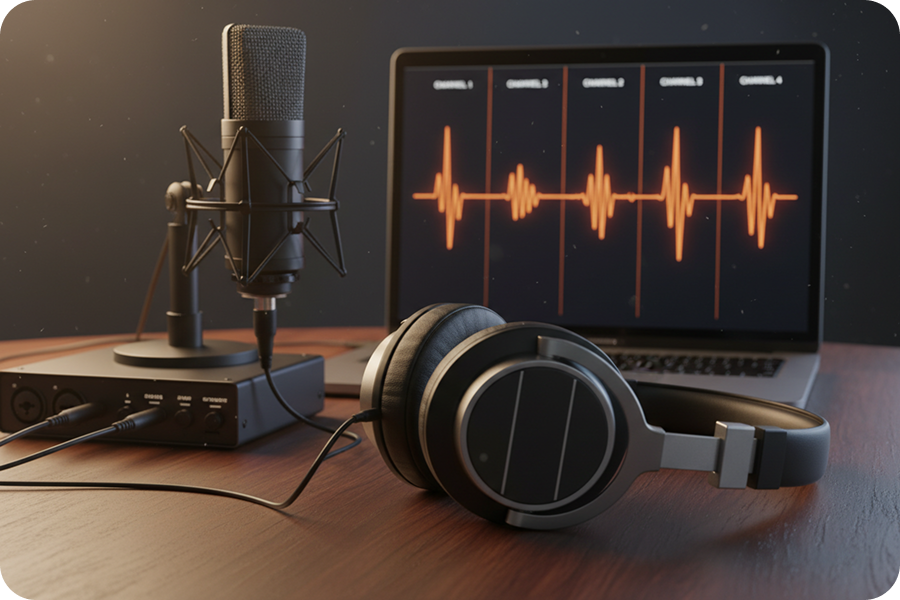 Professionelles Studio Equipment inklusive Kopfhörer und Mikrofon neben einer MP3 Splitter Oberfläche, die High Fidelity Wellenformen auf einem Laptop anzeigt.