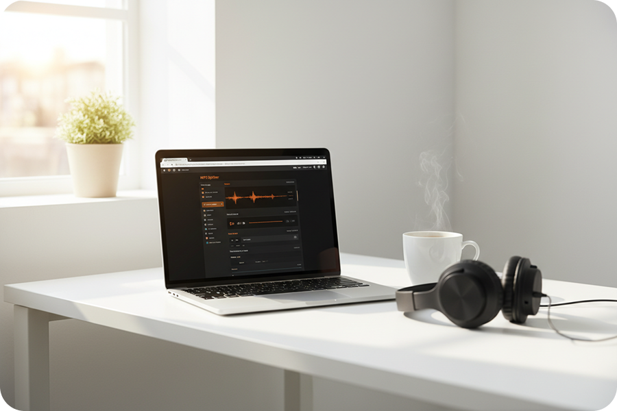 Ein minimalistisches Home Office Setup zeigt einen Online MP3 Splitter, der im Webbrowser auf einem Laptop läuft und keine Softwareinstallation erfordert.
