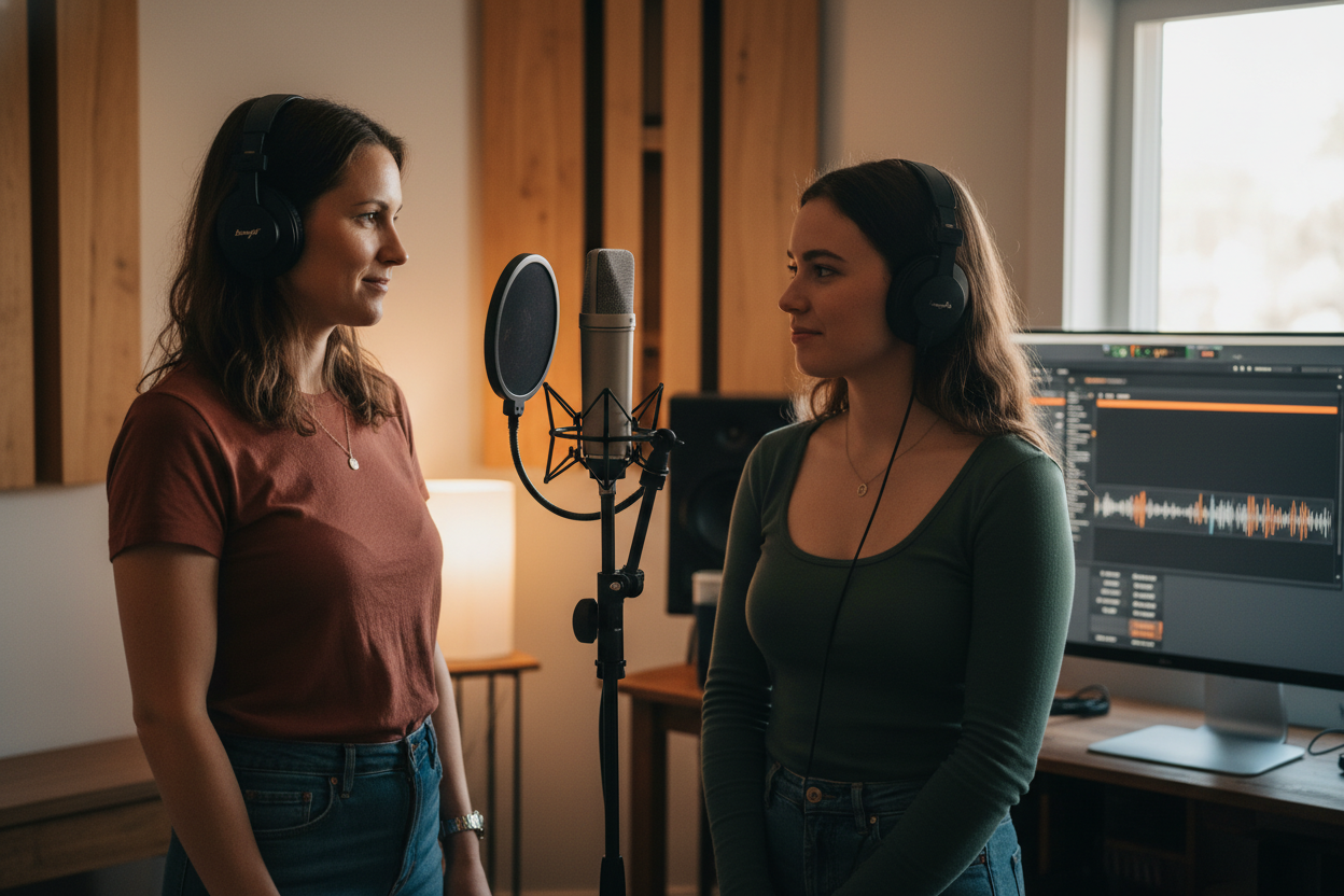 스튜디오 마이크 앞에 서서 음성 피치 분석기를 사용하여 피치 정확도와 리듬 안정성을 확인하는 음악 교육자와 학생.