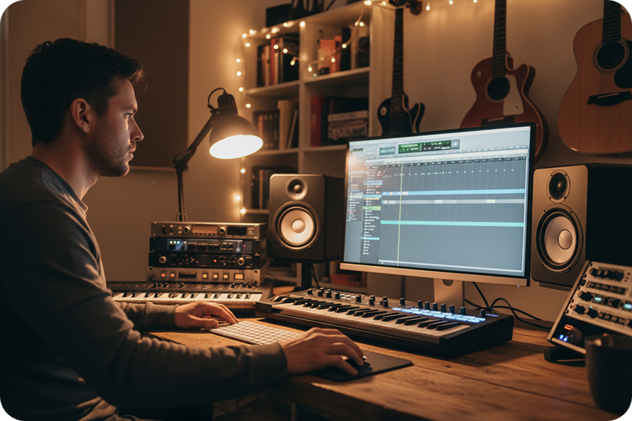 홈 스튜디오 환경에서 음성 피치 분석기를 사용하여 레코딩의 음악적 키와 스케일을 정확하게 감지하는 음악 프로듀서.