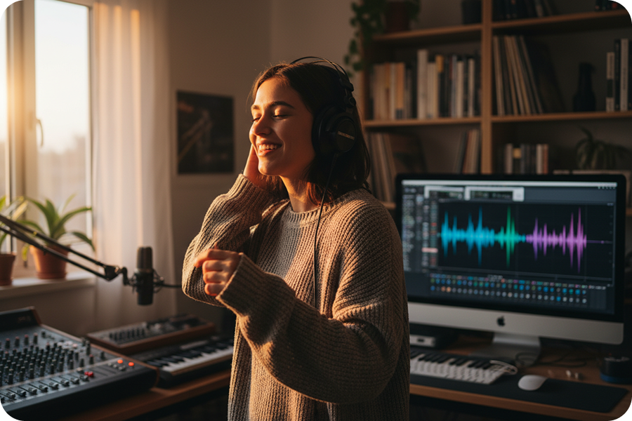 음성 피치 분석기의 무드 정량화 기능이 생성한 트랙 에너지 및 댄서빌리티 점수를 시각화하며 헤드폰을 쓴 행복한 사용자.