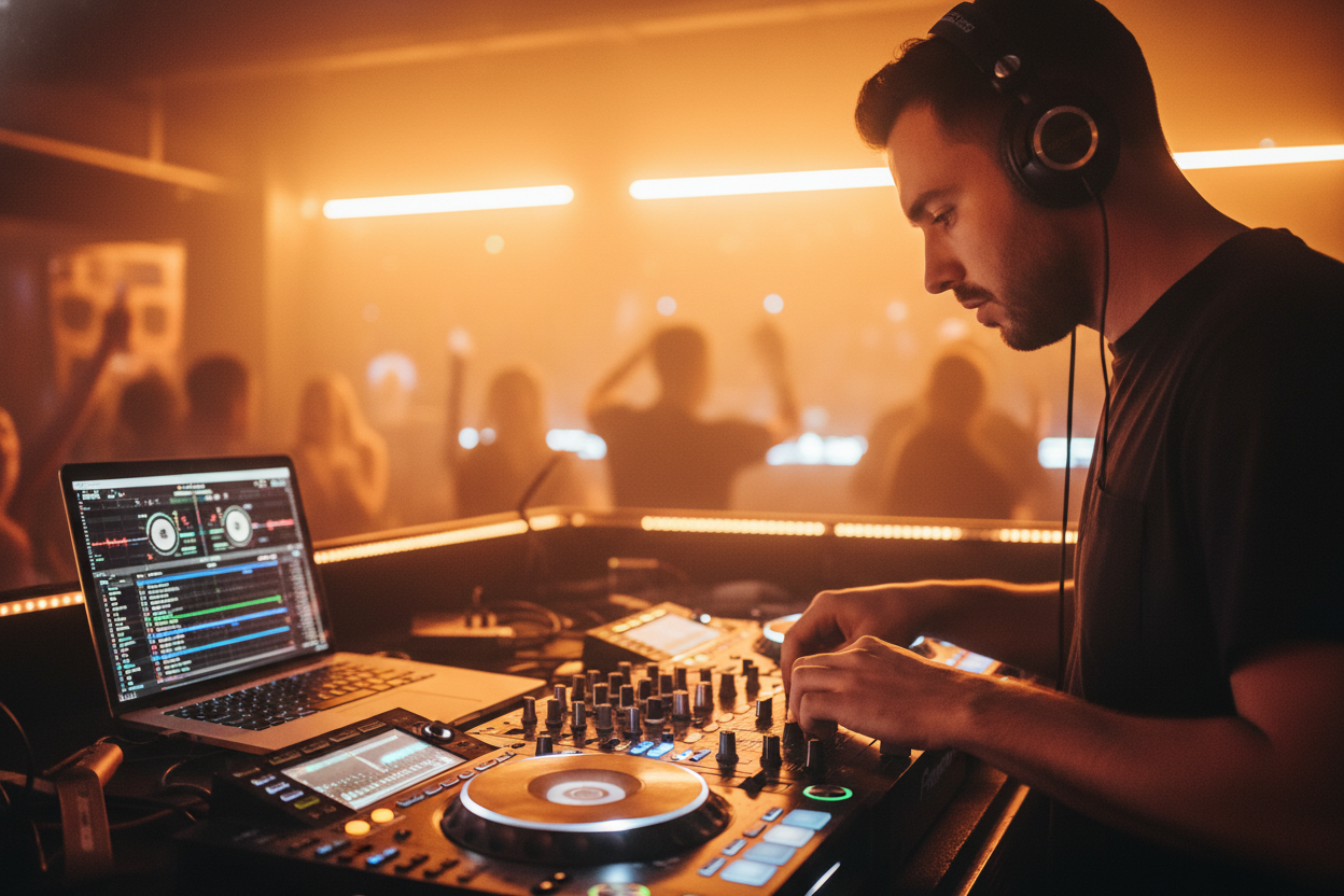 Professional DJ mixing live in a club, using a digital beat counter software on a laptop to match tempos for seamless transitions.