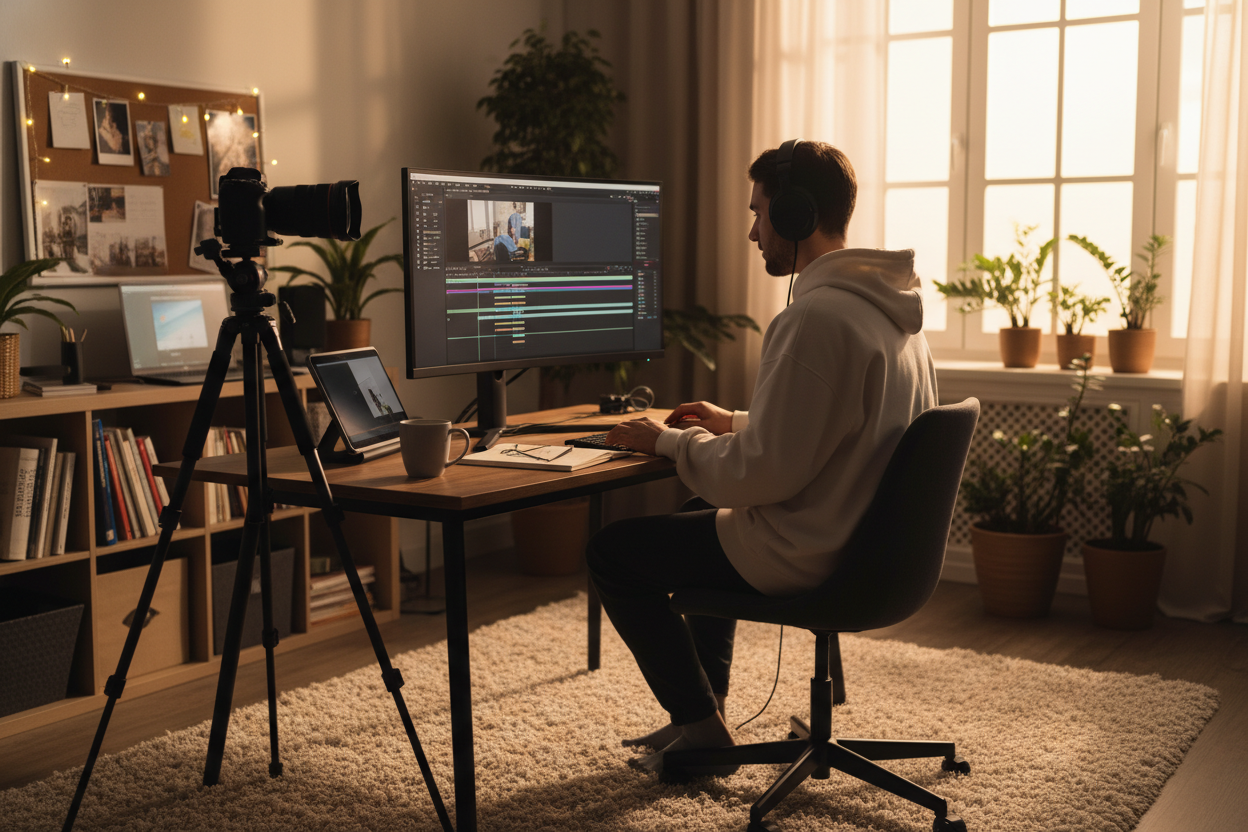 Video editor working on a timeline, utilizing a music beat counter to align visual cuts with the song's rhythm and mood.