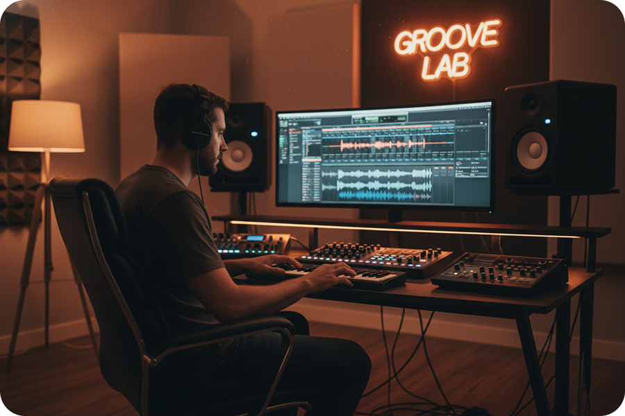 AI algorithm analyzing audio waveforms for automated accuracy using a precise song beat counter without manual tapping.