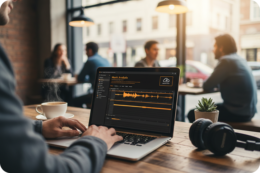 Music producer working remotely in a cafe using an online beat counter on a laptop to analyze audio waveforms directly in the browser.