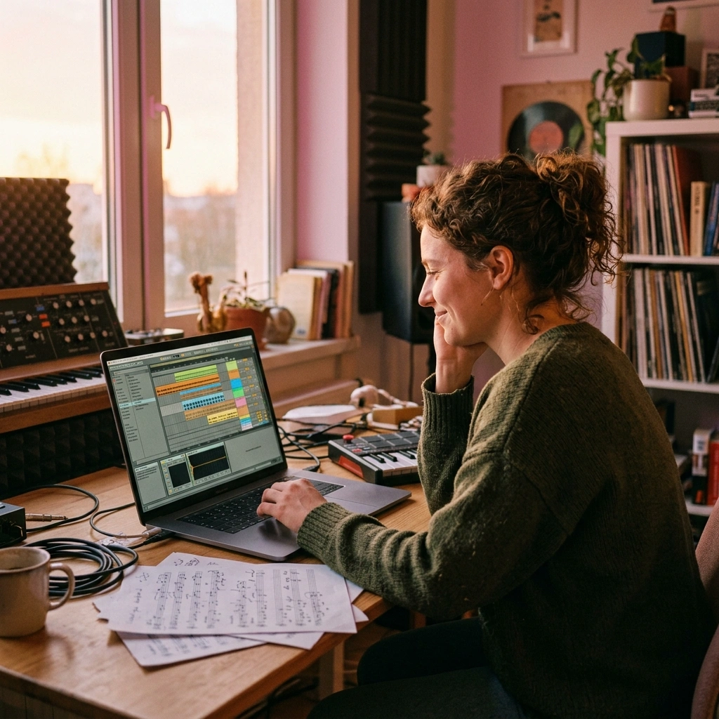 A female music producer working on her laptop in a cozy home studio, arranging a track using an AI Remixer.