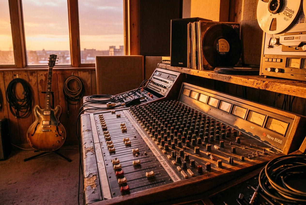 A vintage recording studio featuring a classic analog mixing console and guitar, ready to be enhanced by a modern AI Remixer.