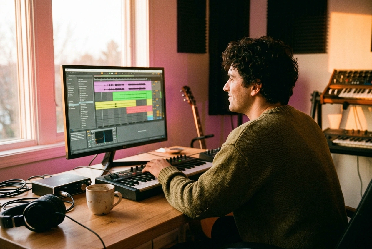 Independent music producer creating electropop tracks with AI electropop music generator