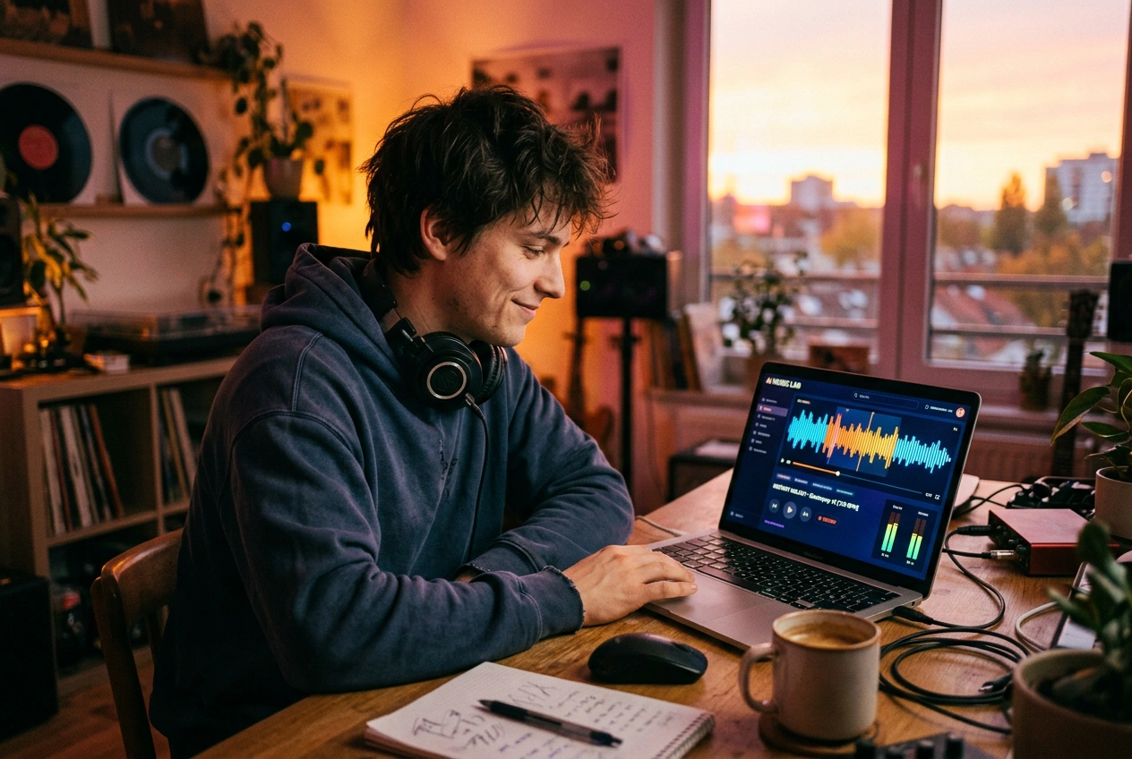 Content creator generating royalty-free electropop music with AI electropop music creator