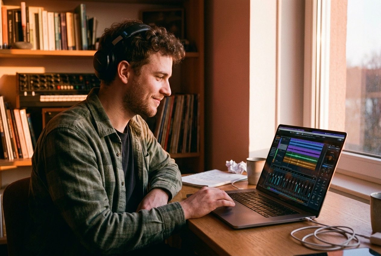 Game developer using AI electropop music maker for custom soundtrack creation