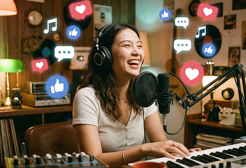 A smiling female content creator recording a podcast with a microphone and floating social media icons, optimizing her audio with an AI Remixer.