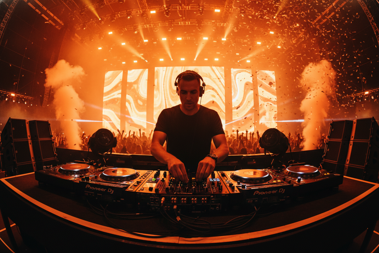 A DJ performing live on stage with bright orange lighting and a crowd, mixing tracks seamlessly using an AI Remixer.