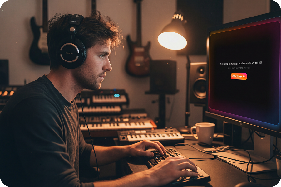 A focused music producer with headphones sits in an atmospheric studio, using a computer monitor and MIDI keyboard alongside an Instrumental Maker for professional beat production.