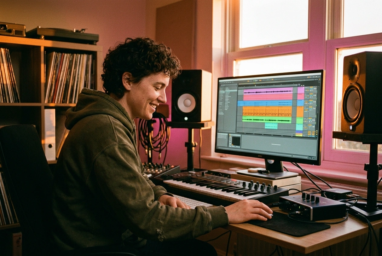 Music producer using AI Art Pop Music Maker for composition